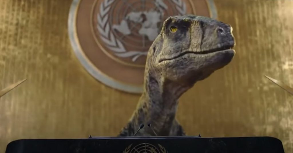 La curiosa campaña con un dinosaurio que creó la ONU Una gran sorpresa causó El Programa de Naciones Unidas para el Desarrollo al idear una campaña en la que usaron un dinosaurio que hablaba sobre el gasto en combustibles fósiles.