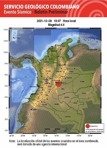 Sismo de 4.8 se registró en el país El Servicio Geológico Colombiano (SGC) reportó un sismo de 4,8 grados que se sintió en parte del centro del territorio del país, incluyendo Bogotá, sobre las 7:07 p.m. de este miércoles 8 de diciembre.