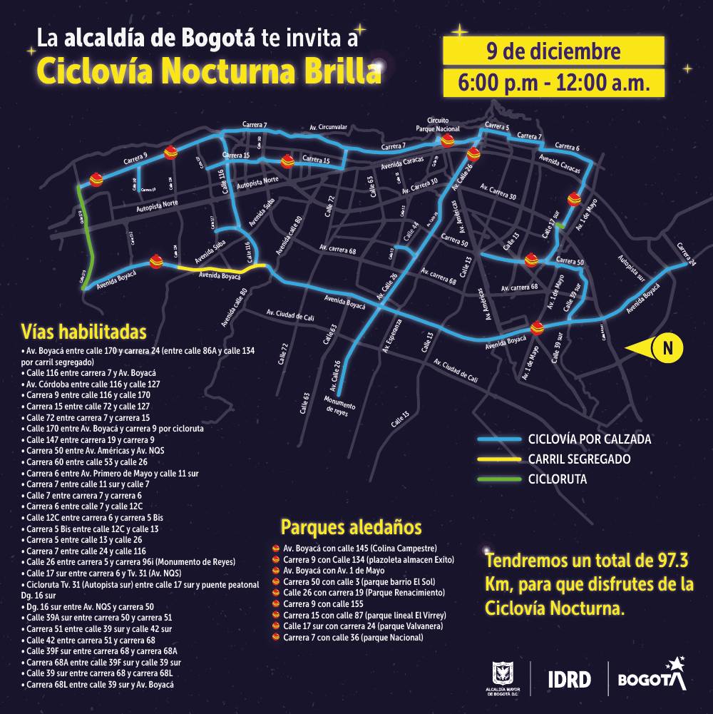 Aproveche esta noche los 97 km de la Ciclovía Nocturna Como parte de las actividades recreativas programadas por la Alcaldía de Bogotá para diciembre, hoy se celebrará una nueva jornada de la Ciclovía Nocturna, que va desde las 6 p. m. y finaliza a la medianoche.