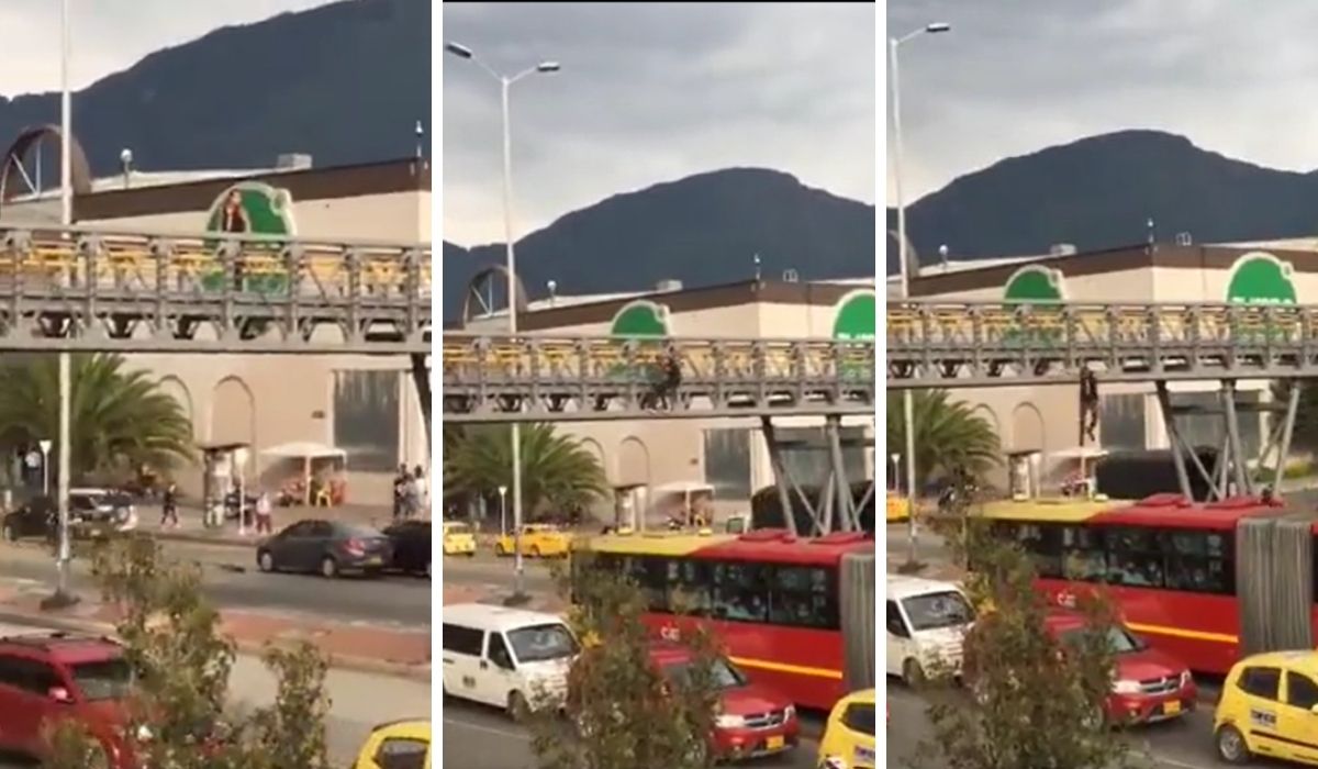 EN VIDEO: Sujeto se lanzó de un puente para caer sobre un bus de TransMilenio En video quedó registrado el momento en que un hombre se lanza de un puente peatonal para caer sobre el techo de un bus de TransMilenio, el particular hecho causó asombro entre las personas que vieron lo que sucedía.