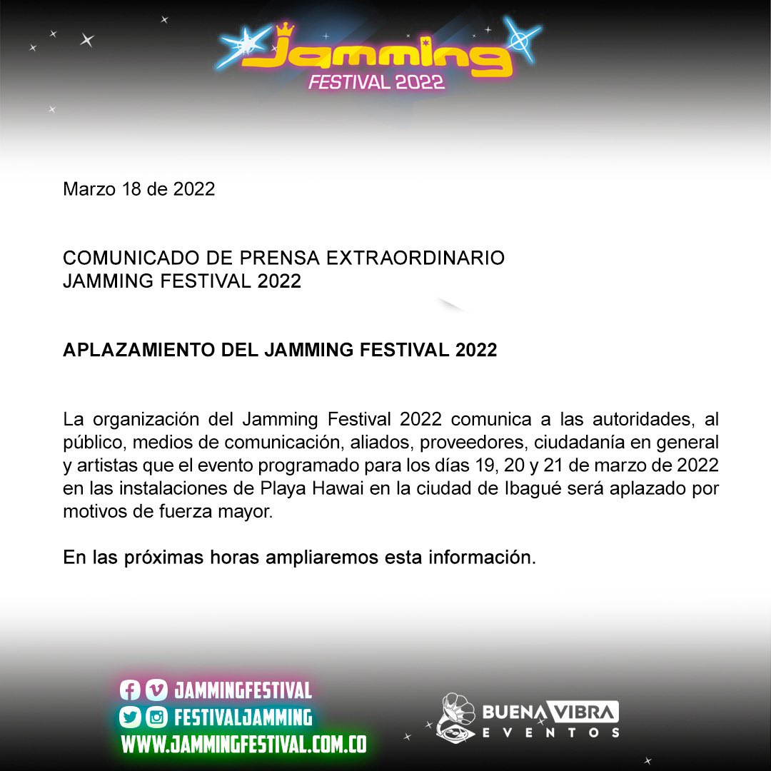 Se confirma la cancelación del Jamming Festival Aunque algunos hablan de aplazamiento, otros aseguran que el Festival Jamming ha sido cancelado a tan sólo algunas horas de su inicio.