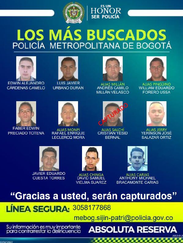 Este es el cartel de los homicidas más buscados de Bogotá Hace pocos minutos, en medio de un Consejo de Seguridad liderado por la alcaldesa Claudia López, en conjunto con autoridades del Distrito y de la Policía Metropolitana de Bogotá, se hicieron públicos los carteles de los homicidas y los ladrones más buscados de la ciudad.