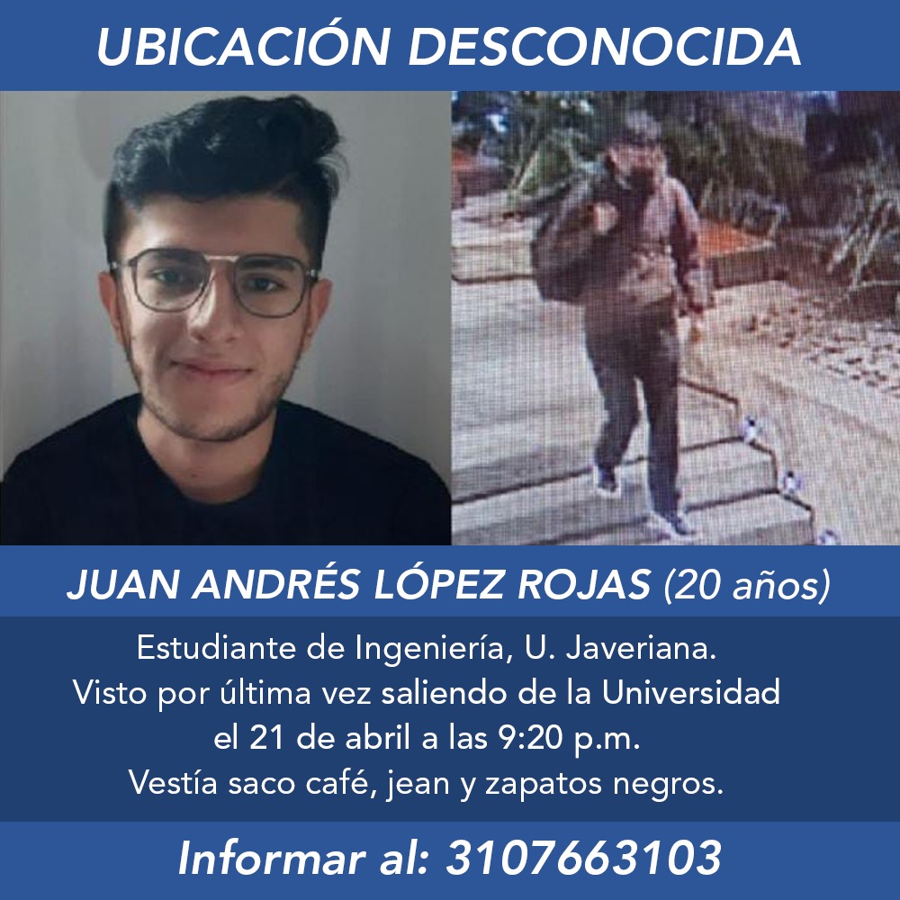 Encuentran pertenencias de Juan, el universitario desaparecido Este domingo, los familiares del joven Juan Andrés López Rojas, informaron a otro medio de comunicación que fueron encontrados algunos objetos de su hijo, luego de estar desaparecido desde este jueves 21 de abril.