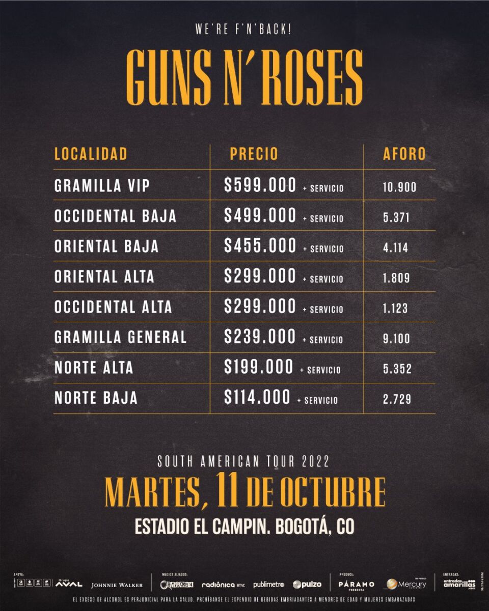 Haga cuentas para el concierto de Guns N' Roses Si usted es un amante del rock y no se quiere perder la oportunidad de ver a los Guns N' Roses en Bogotá, hoy le contamos los precios para el concierto que se va realizar el 11 de octubre en el estadio Nemesio Camacho El Campín.