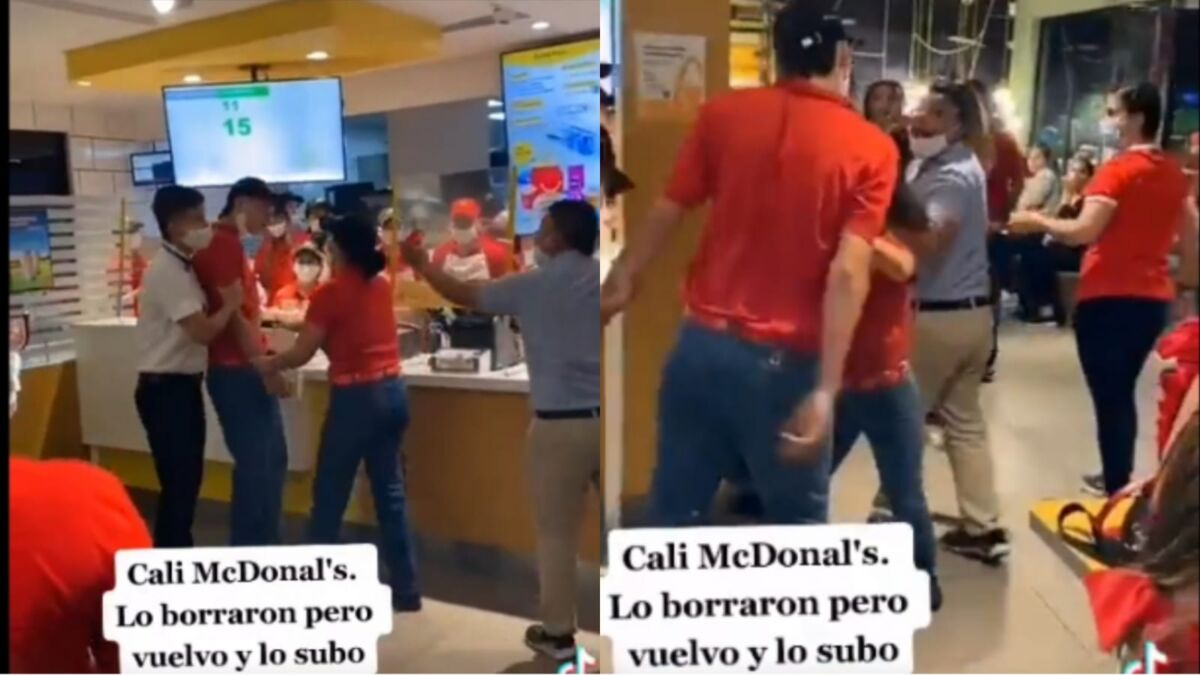 EN VIDEO: El fuerte agarrón entre cliente y empleado en un McDonald's En video quedó registrado como un empleado y un cliente por poco se van a los golpes, por lo que los espectadores y demás trabajadores tuvieron que intervenir en la fuerte riña que se presentó en un McDonald's en la ciudad de Cali.