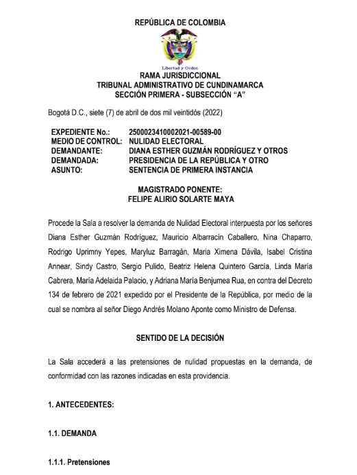 Tumban nombramiento del Ministro de Defensa El Tribunal Administrativo de Cundinamarca tumbó el nombramiento del Ministro de Defensa Diego Molano, la tarde de este miércoles.
