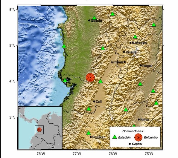 Última hora: Fuerte sismo se sintió en el suroccidente del país Sobre las 4:22 de la tarde de este jueves se registró un sismo en el suroccidente de Colombia, que se sintió con fuerza en ciudades como Cali, Armenia, Quibdó, Manizales, Pereira, entre otras regiones de esta zona del país.