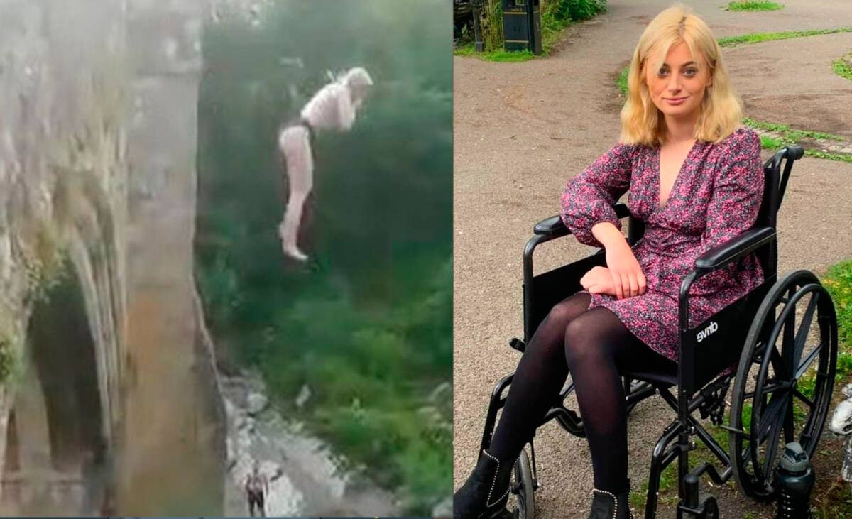 Joven de 22 años quedó en silla de ruedas luego de hacer un clavado desde un puente Una joven de tan solo 22 años quedó en silla de ruedas luego de lanzarse desde un puente de 15 metros de altura, pues del impacto se quebró la columna. El trágico caso le sucedió a Libby Sinde, en Inglaterra.