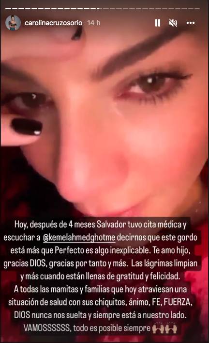 Las lágrimas de Carolina Cruz por la salud de su hijo Salvador En las últimas horas, por medio de sus historias de Instagram , la presentadora Carolina Cruz reveló entre lágrimas a sus seguidores cómo se encuentra la salud de su hijo Salvador.