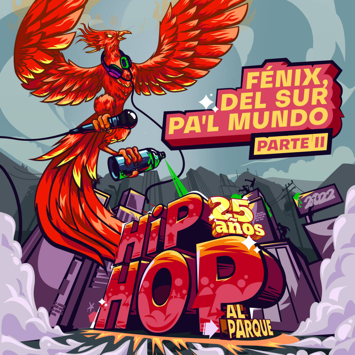 Así Hip Hop al Parque celebra sus 25 años 'Fénix, del sur pa'l mundo' es el nombre del disco que, a lo largo del segundo semestre de 2022, dará continuidad a la celebración de los 25 años de Hip Hop al Parque, el Festival al Parque del Instituto Distrital de las Artes que reunió a más de 120.000 personas en el Parque Metropolitano Simón Bolívar a inicios del pasado mes de julio.