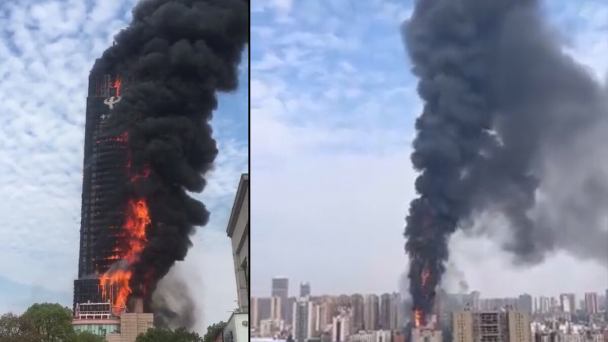 Impresionante incendio consumió un rascacielos en China En imágenes quedó registrado el impresionante incendio que consumió un rascacielos de 218 metros de altura en la ciudad de Changsha, en China, donde por fortuna no resultaron víctimas fatales.