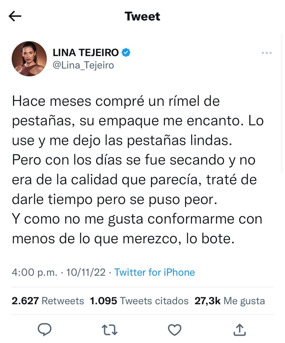 Lina Tejeiro reaparece en redes sociales con tremenda indirecta a su ex La actriz Lina Tejeiro llevaba más de dos semanas alejada de las redes sociales y volvió a aparecer este jueves, luego de que un video suyo se filtrara en el detrás de cámaras de una entrevista en el canal Caracol.