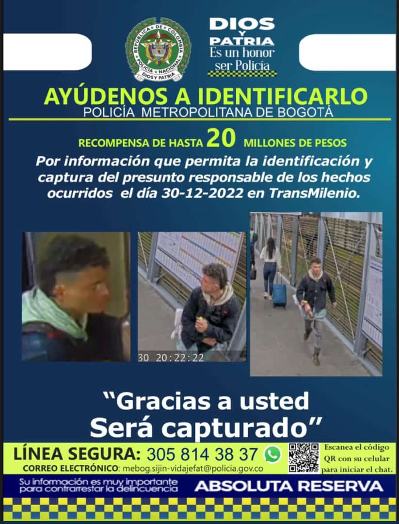 Este es el sujeto que habría asesinado a joven en TransMilenio La Policía Metropolitana de Bogotá publicó el cartel del presunto homicida en Transmilenio el pasado 30 de diciembre.