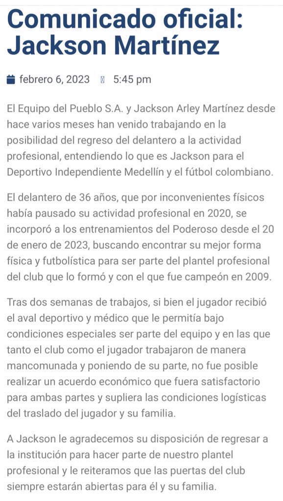 Se conoció cuánto pretendía cobrar Jackson Martínez por jugar en el Independiente Medellín El representante del jugador aprovechó la oportunidad para desmentir las cifras que se ventilaron sobre cuánto estaba cobrando en realidad el jugador chocoano.