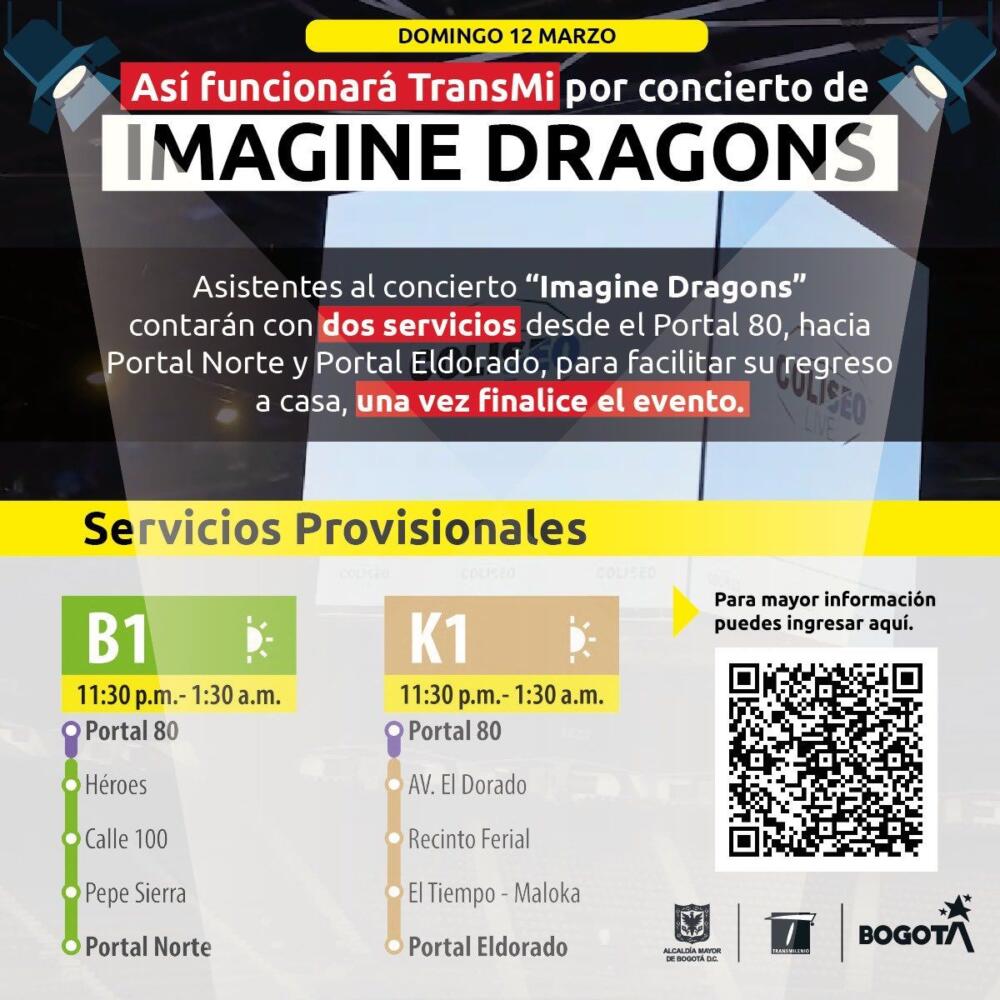 Así operará TransMilenio hoy por el concierto de Imagine Dragons Este domingo 12 de marzo, la banda estadounidense, Imagine Dragons, dará un gran concierto en el Coliseo Live de Bogotá, para garantizar el desplazamiento de los asistentes, TransMilenio S.A. ampliará la operación del Portal 80. 
