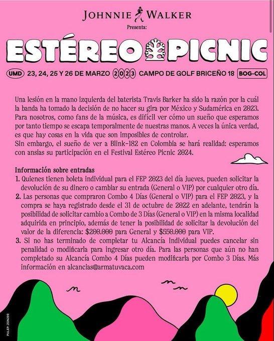Festival Estéreo Picnic: Blink-182 cancela su presentación por lesión del baterista Este mes se llevará a cabo el Festival Estéreo Picnic y a pocos días de empezado, se confirmó la cancelación de la banda estadounidense Blink-182.