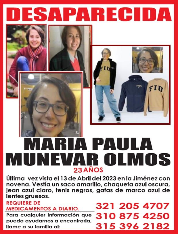 Hallan muerta a María Paula dentro de la Javeriana María Paula Munévar Olmos, de 23 años, quien había sido reportada como desaparecida desde el jueves 13 de abril, fue hallada muerta al interior de la Universidad Javeriana la tarde de este miércoles.
