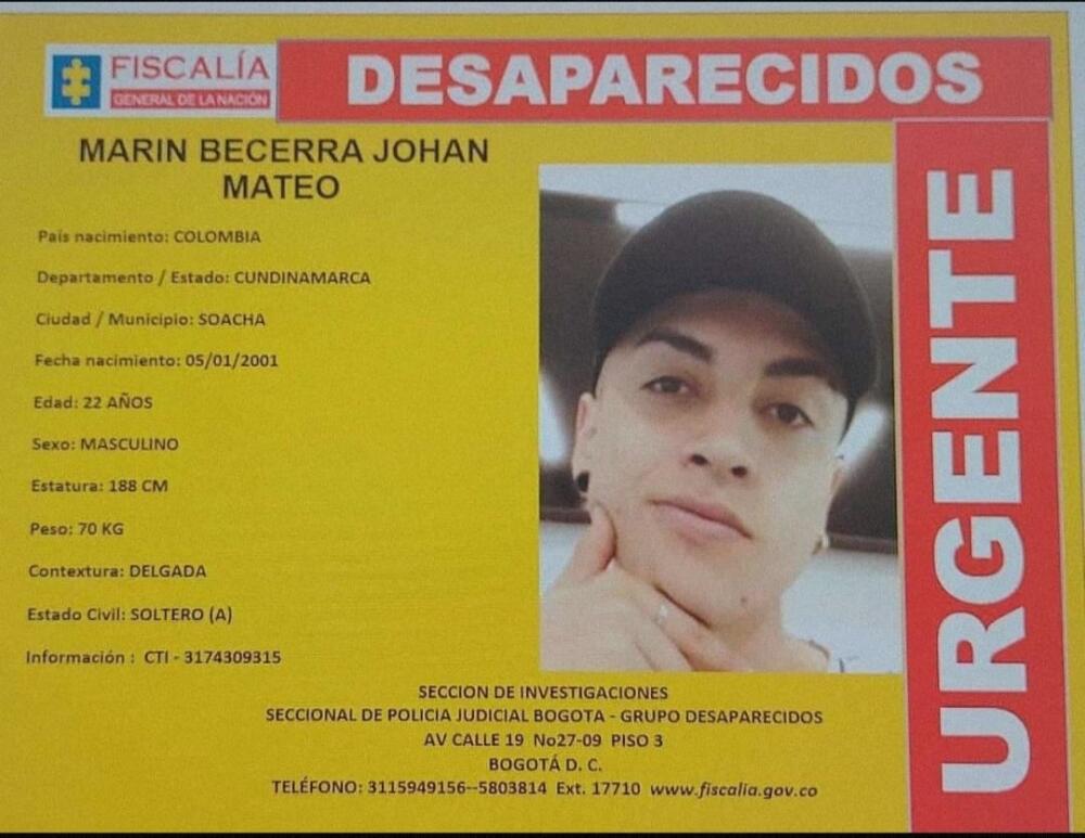 Misteriosa desaparición de Mateo en El Tintal En una total incertidumbre se encuentran los familiares de Johan Mateo Marín Becerra de 22 años, desde el pasado sábado 1 de abril, día en el que le perdieron el rastro al joven.