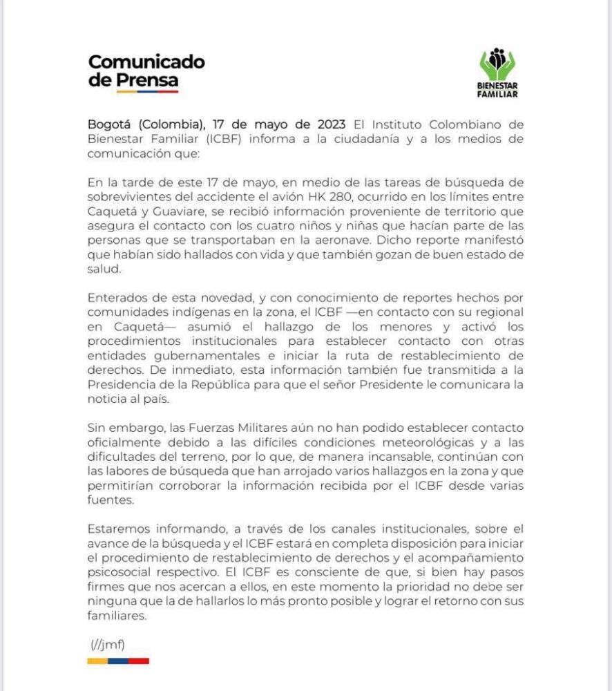Fuerzas Militares aún no se contactan con el ICBF sobre hallazgo de los niños en el Guaviare ICBF anunció que no ha establecido contacto oficial con el Ejército sobre supuesto hallazgo de los niños en el Guaviare.