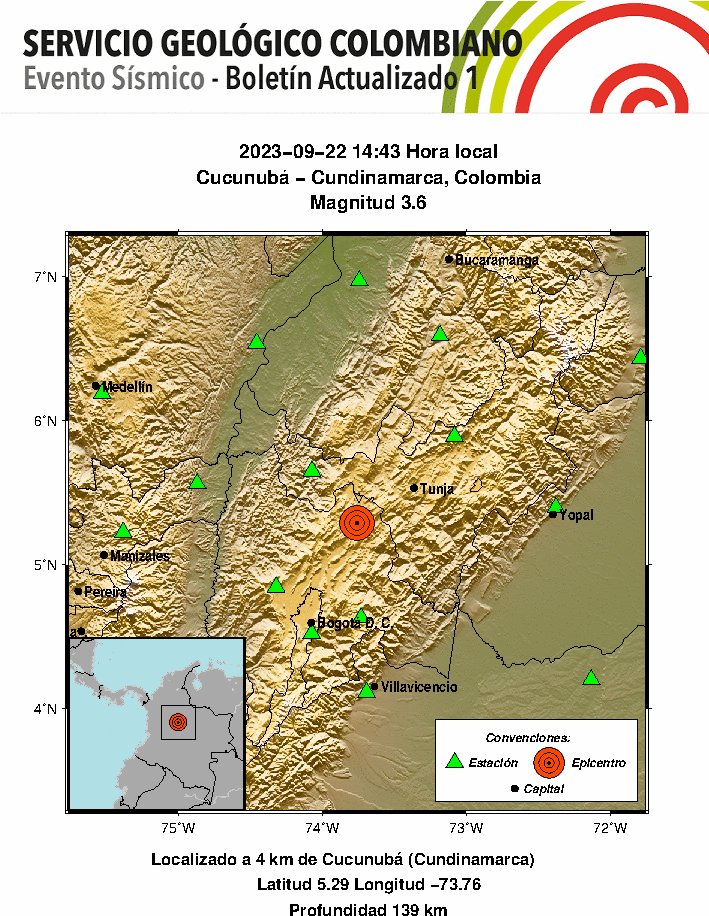 Nuevo sismo en Cundinamarca, le contamos los detalles El Servicio Geológico Colombiano (SGC) reportó un sismo de 3.6 grados cuyo epicentro fue el municipio de Cucunubá del departamento de Cundinamarca, el movimiento telúrico se registró sobre las 2:43 p.m. de la mañana de este jueves.