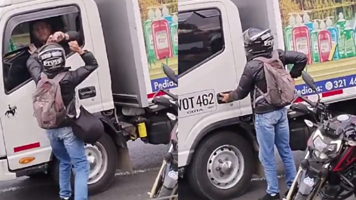 EN VIDEO: motociclista intentó apuñalar a conductor de un furgón El motociclista intentó agredir a un conductor de furgón en varias ocasiones por medio de la ventana del carro.
