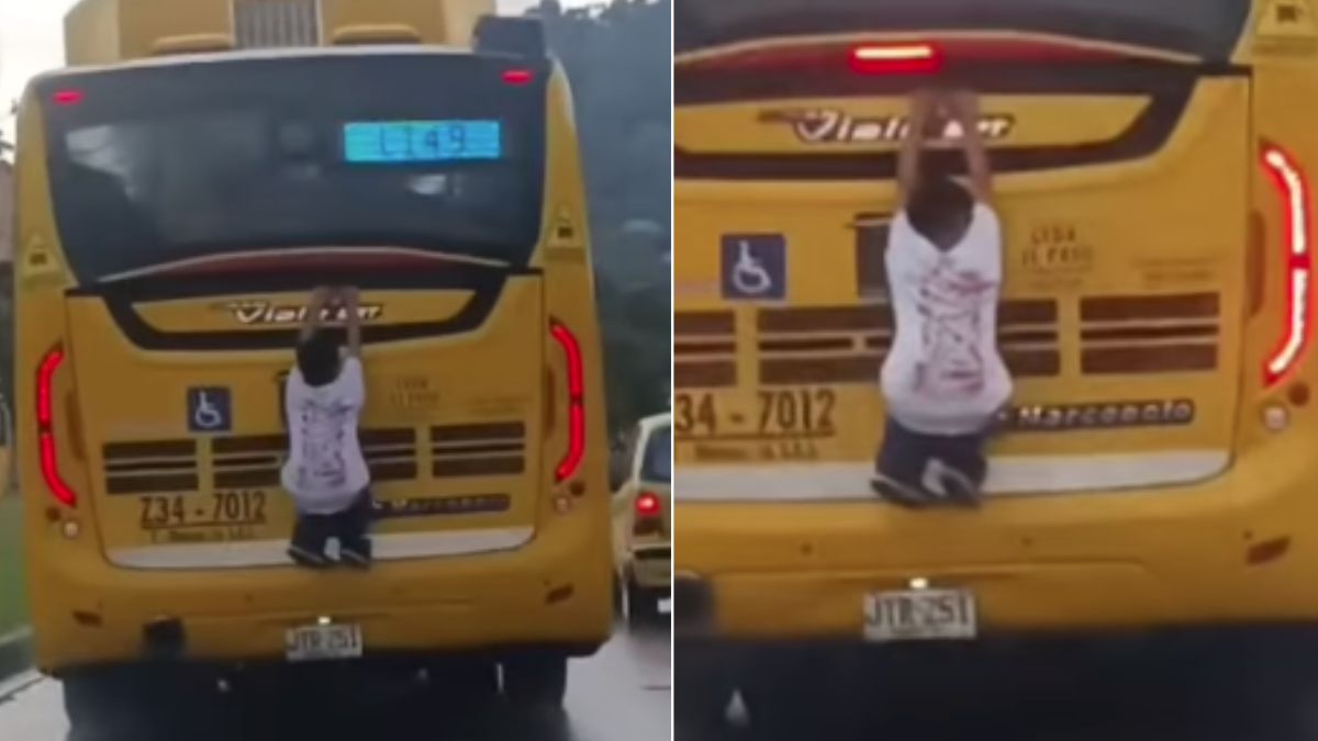 EN VIDEO: Un niño arriesga su vida tras ir colgado de un bus Captan el momento en el que un niño aparece colgado de un bus en Bogotá.
