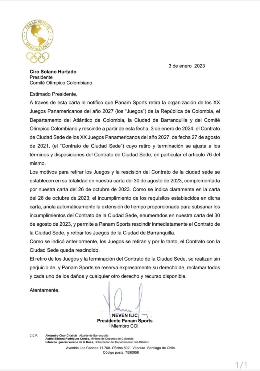 Barranquilla pierde sede de los Juegos Panamericanos del 2027 Se confirma que Barranquilla pierde la sede de los Juegos Panamericanos del 2027 por incumplimiento del Gobierno Nacional en los pagos.