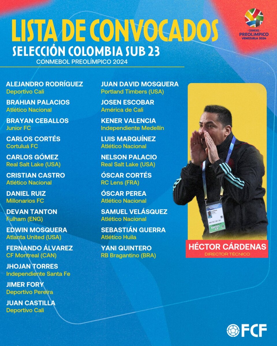 Esta es la Selección Colombia que nos representará en el Preolímpico Sub 23 El técnico de la Selección Colombia Sub 23, Héctor Cárdenas, presentó la lista definitiva con la que la 'Tricolor' afrontará el torneo clasificatorio a los Juegos Olímpicos de París 2024.