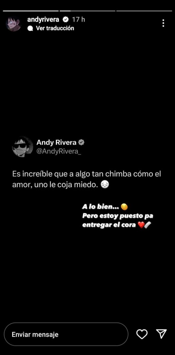 Andy Rivera confesó que le cogió "miedo al amor" Por medio de sus redes sociales, Andy Rivera se sinceró sobre sus problemas de salud mental y contó cómo está su situación sentimental.