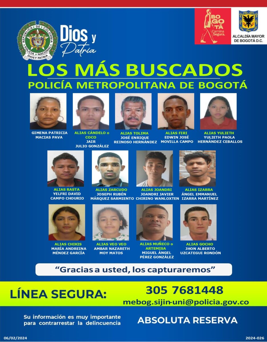 ¿Los ha visto? Estos son los bandidos más buscados por homicidio y hurto en Bogotá La Policía Metropolitana de Bogotá dio a conocer los carteles con las fotos de los delincuentes más buscados de Bogotá por homicidio y hurto.