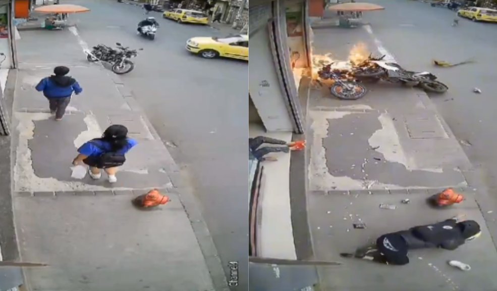EN VIDEO: Impactante momento en el que taxista choca contra motociclista en Engativá El taxista chocó contra un motociclista y otra moto que estaba estacionada.