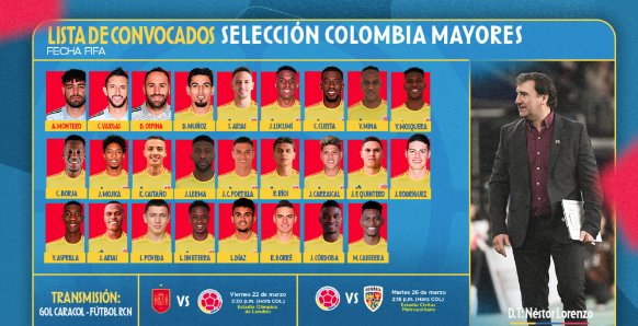 Esta es la convocatoria de la Selección Colombia para los amistosos de marzo En la noche de este miércoles, la Federación Colombiana de Futbol dio a conocer la lista de convocados para los partidos amistosos que se jugarán en marzo por la fecha FIFA.