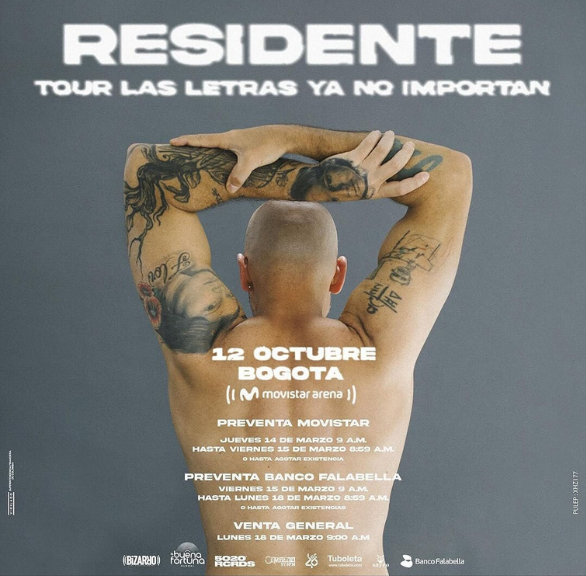 "Las letras ya no importan": Residente anuncia concierto en Bogotá El reconocido artista puertorriqueño, Residente, anuncia su nueva gira que pasará por los escenarios del país a finales de este año.
