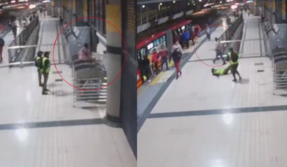 Momento en el que colado golpeó y dejó inconsciente a una funcionaria de TransMilenio Este jueves, un hombre que se coló en el Portal Tunal de TransMilenio agredió a una funcionaria que le llamó la atención y la dejó inconsciente.