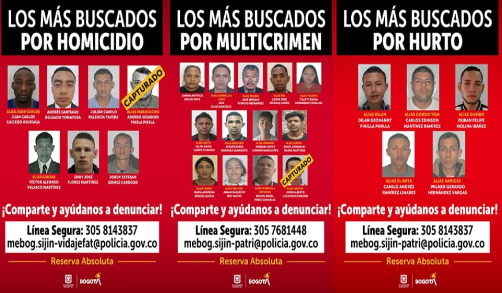 ¿Los ha visto? Estos son los delincuentes más buscados en Bogotá La Policía Metropolitana de Bogotá ofrece recompensa de hasta 50 millones de pesos para aquellas personas que suministren información que permita la captura de 23 personas que según la Fiscalía general de la Nación, son responsables de múltiples delitos en la ciudad.