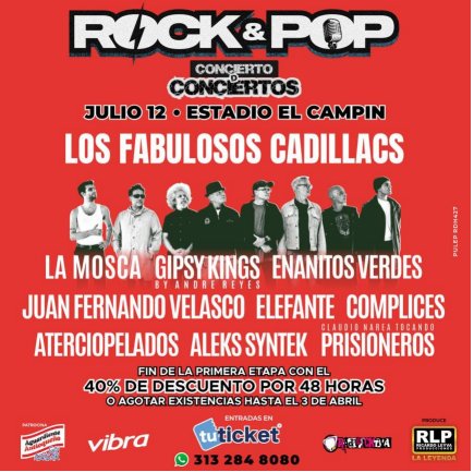 Los Fabulosos Cadillacs se suman al Concierto de Conciertos La emoción se desborda en la capital colombiana con la confirmación de la participación de Los Fabulosos Cadillacs en el tan esperado Concierto de Conciertos: Rock y Pop.