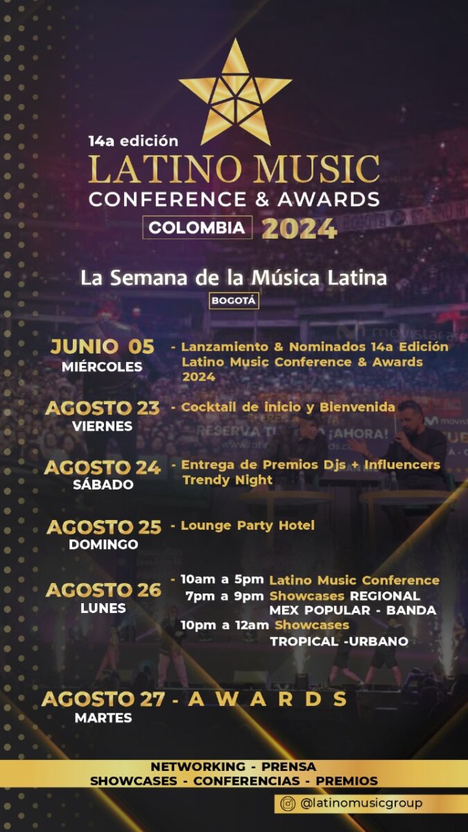 Prepárese en Bogotá para la 14a edición de los Latino Music Awards El amor por la música se respira en Bogotá, por ello se ha anunciado la 14ª edición de la Latino Music Conference & Awards, evento en el cual los artistas compartirán con los invitados.