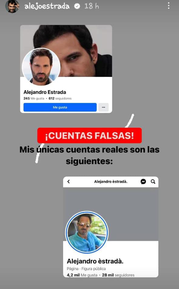 Alejandro Estrada advierte que lo intentan suplantar en redes El actor Alejandro Estrada, quien en los últimos días ha estado muy sonado, advirtió por medio de sus redes sociales que hay personas inescrupulosas haciéndose pasar por él.