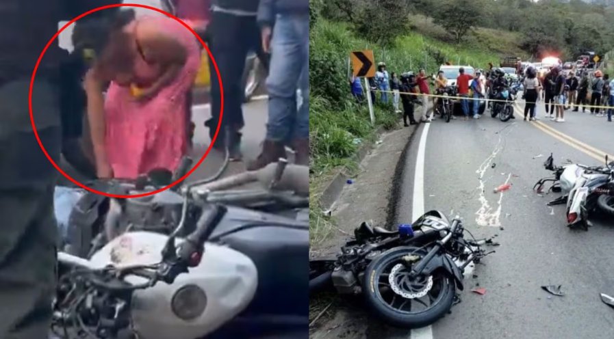 ¡De no creer! Graban a mujer probando la sangre de dos motociclistas muertos En un video quedó registrado el momento en el que la mujer se acerca a los dos cuerpos y prueba la sangre de los dos motociclistas.
